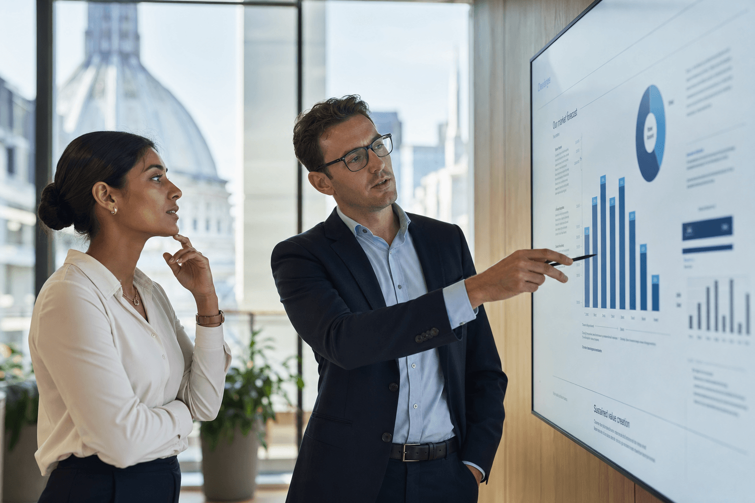 Advisory professionals reviewing AI insights together in a modern workspace