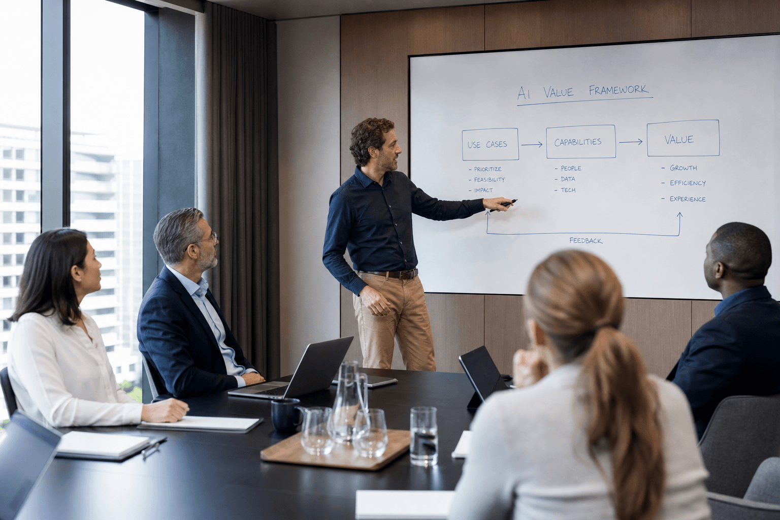 Leadership workshop with executives exploring AI priorities